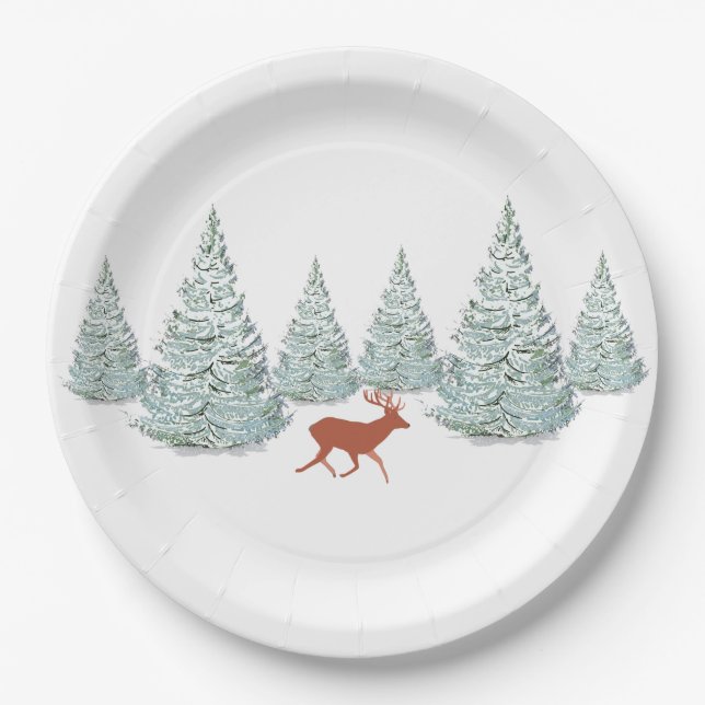 Festive Brown Deer under Snowy Spruce Trees   Paper Plate (Front)