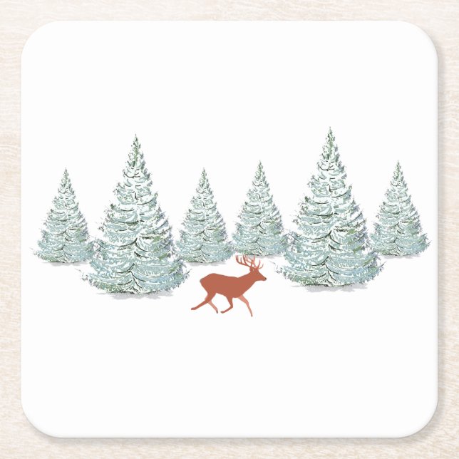 Festive Brown Deer under Snowy Spruce Trees   Square Paper Coaster (Front)