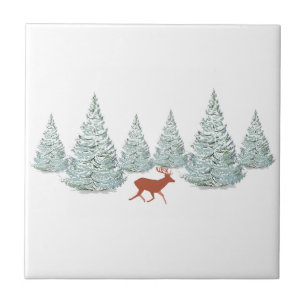 Festive Brown Deer under Snowy Spruce Trees   Tile
