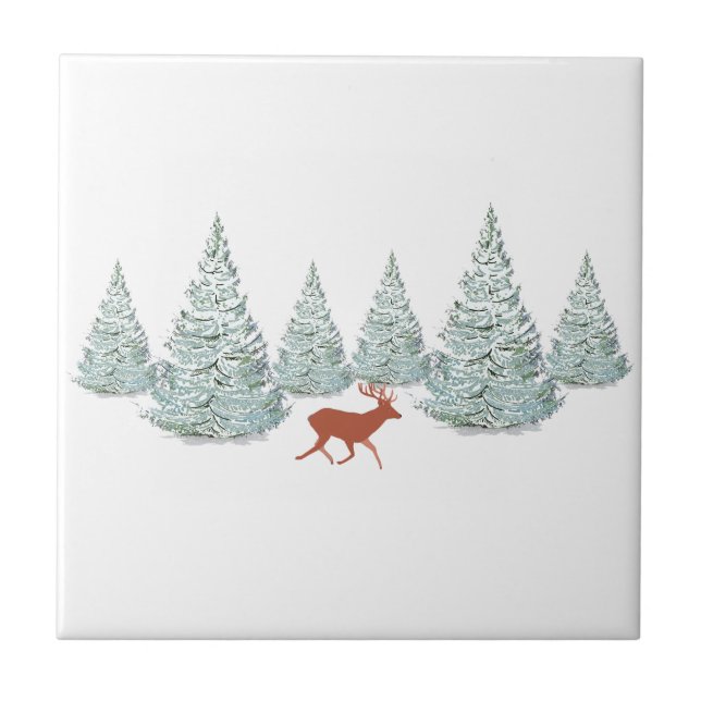 Festive Brown Deer under Snowy Spruce Trees   Tile (Front)