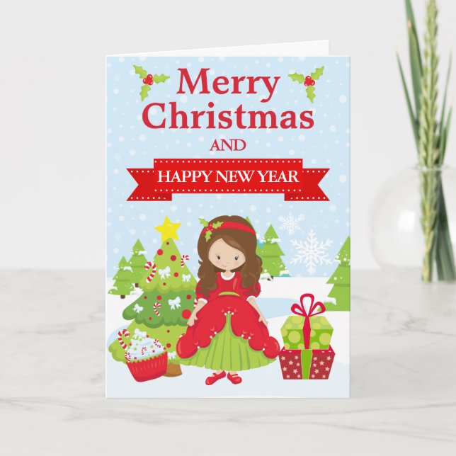 Festive Brunette haired Christmas Princess Holiday Card (Front)