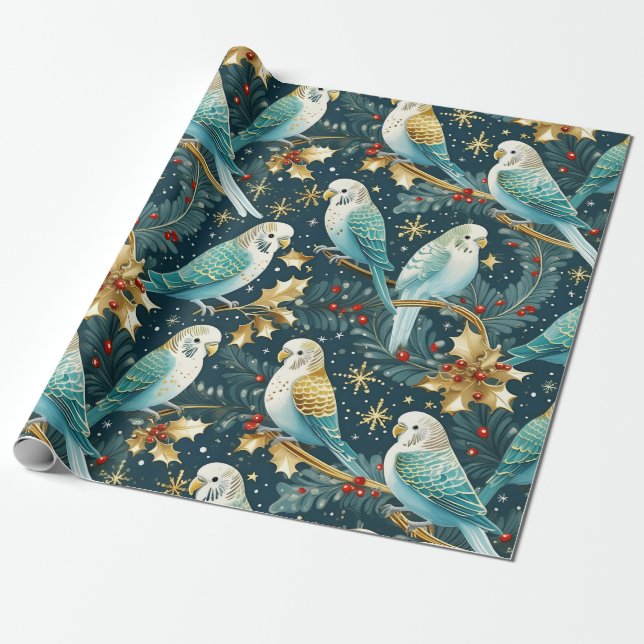 Festive Budgie Christmas Gift Wrapping Paper (Unrolled)