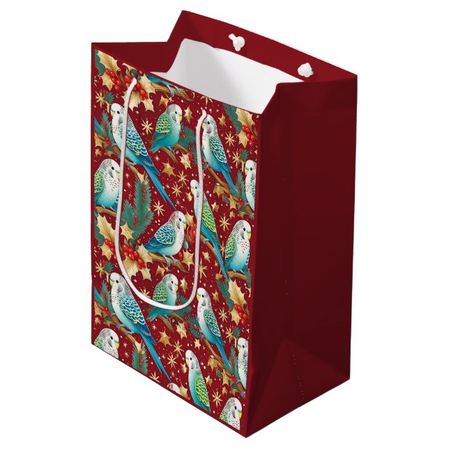Festive Budgie Gold & Red Christmas Wrapping Paper Medium Gift Bag (Front Angled)