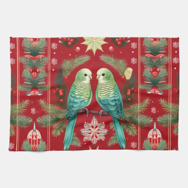 Festive Budgies Christmas | Holiday Cheer Tea Towel (Horizontal)