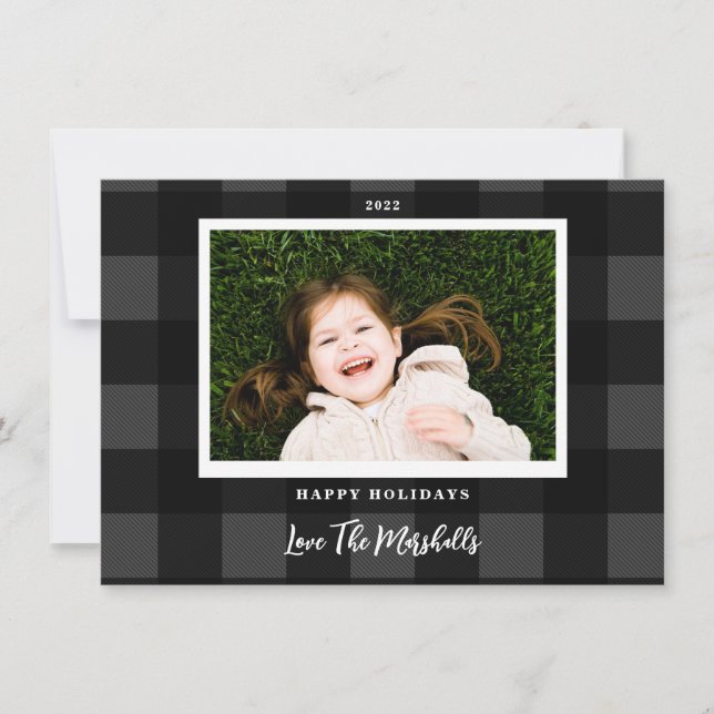 Festive Buffalo Plaid Gray Holiday Photo Card (Front)