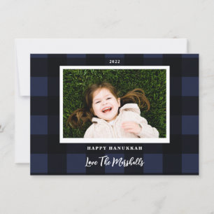 Festive Buffalo Plaid Navy Hanukkah Holiday Photo Card