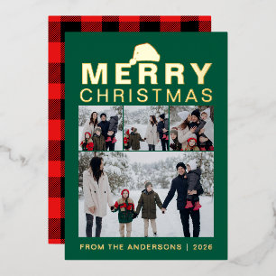 Festive Buffalo Plaid Santa Hat 4 Photo Christmas Foil Holiday Card