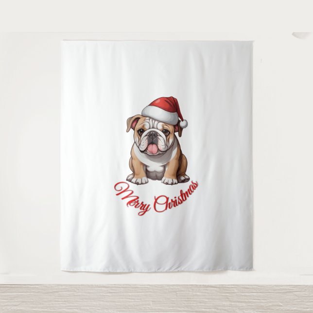 Festive Bulldog Merry Christmas Classic T-Shirt Tapestry (Front)