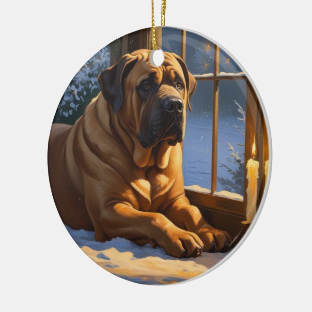 Festive Bullmastiff with Christmas Lights Holiday Ceramic Tree Decoration (Left)