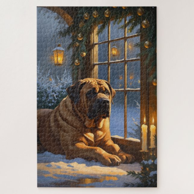 Festive Bullmastiff with Christmas Lights Holiday Jigsaw Puzzle (Vertical)