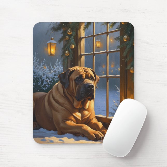 Festive Bullmastiff with Christmas Lights Holiday Mouse Mat (With Mouse)