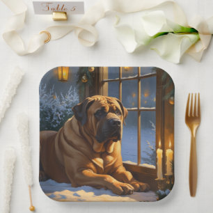 Festive Bullmastiff with Christmas Lights Holiday Paper Plate