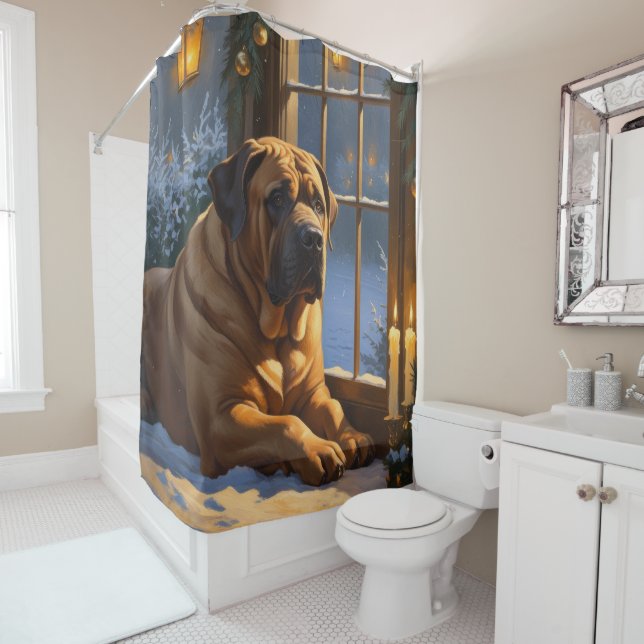 Festive Bullmastiff with Christmas Lights Holiday Shower Curtain (In Situ)