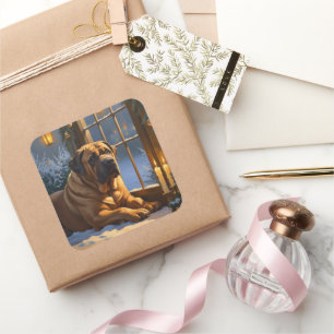 Festive Bullmastiff with Christmas Lights Holiday Square Sticker