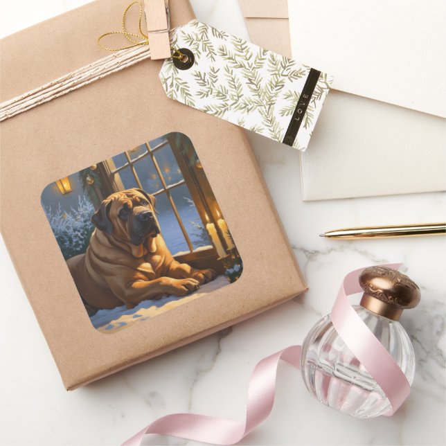 Festive Bullmastiff with Christmas Lights Holiday Square Sticker (Gifting)