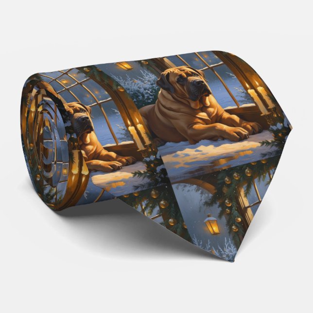 Festive Bullmastiff with Christmas Lights Holiday Tie (Rolled)