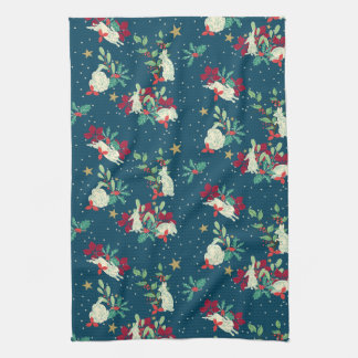 Festive Bunnies Play As Snow Falls Tea Towel