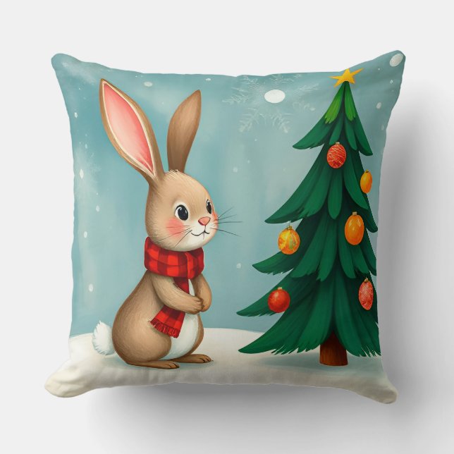 Festive Bunny Beside Decorated Christmas Tree Cushion (Front)