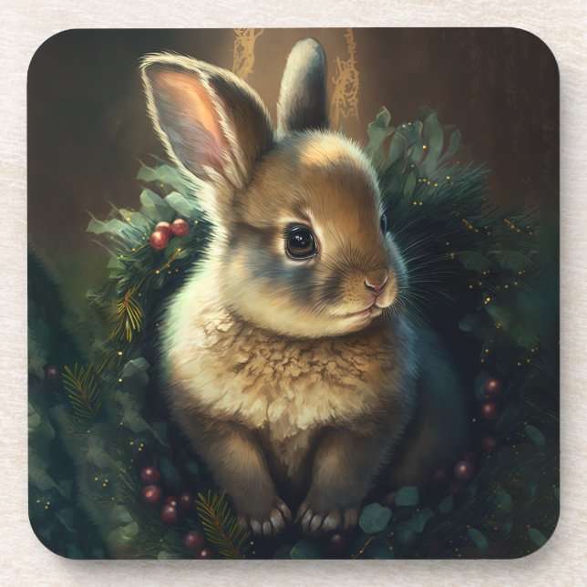Festive Bunny Winter Holidays/Christmas Coasters (Front)