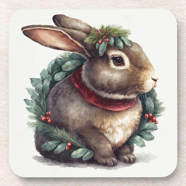 Festive Bunny Winter Holidays/Christmas Coasters (Front)
