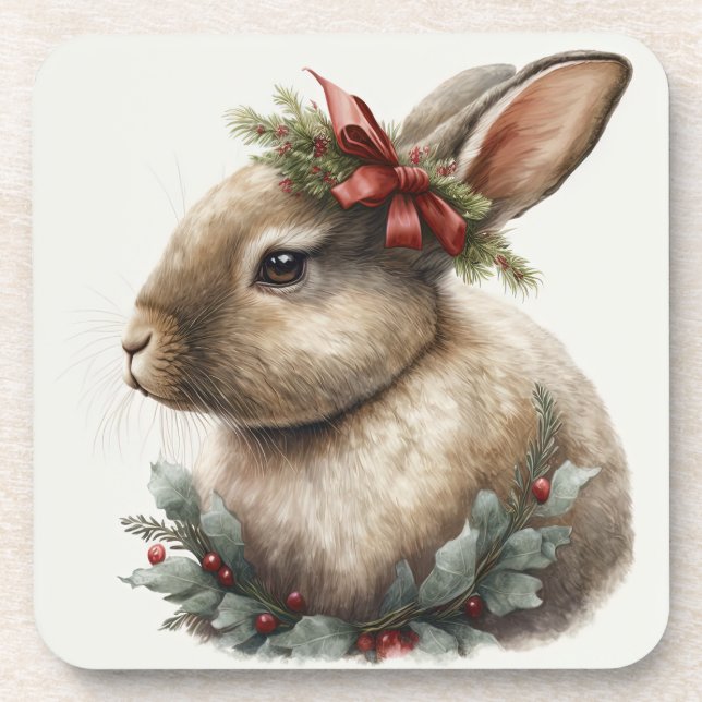 Festive Bunny Winter Holidays/Christmas Coasters (Front)