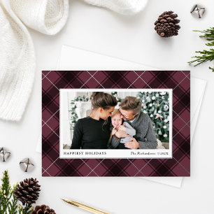 Festive Burgundy and Silver Tartan Plaid Photo Foil Holiday Card