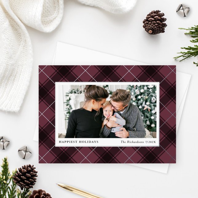 Festive Burgundy and Silver Tartan Plaid Photo Foil Holiday Card (Creator Uploaded)