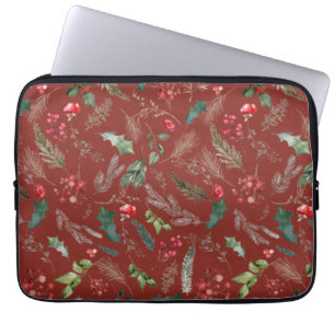 Festive Burgundy Christmas Winter Botanical Floral Laptop Sleeve