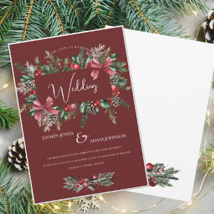 Festive Burgundy Green Winter Christmas Wedding Invitation