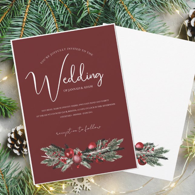 Festive Burgundy Green Winter Christmas Wedding Invitation (Creator Uploaded)