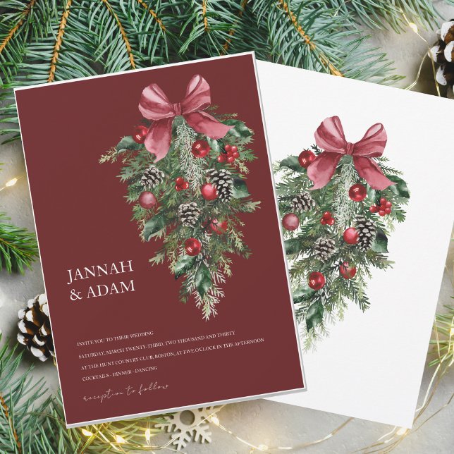 Festive Burgundy Green Winter Christmas Wedding Invitation (Creator Uploaded)