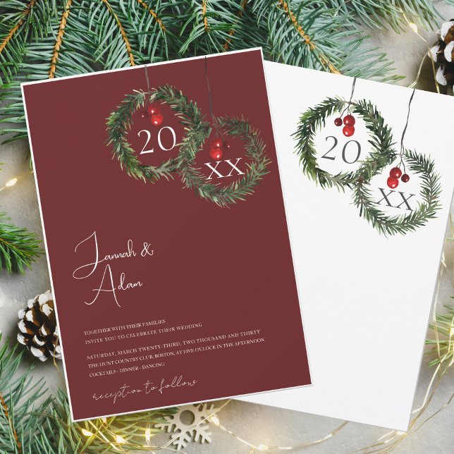 Festive Burgundy Green Winter Christmas Wedding Invitation (Creator Uploaded)
