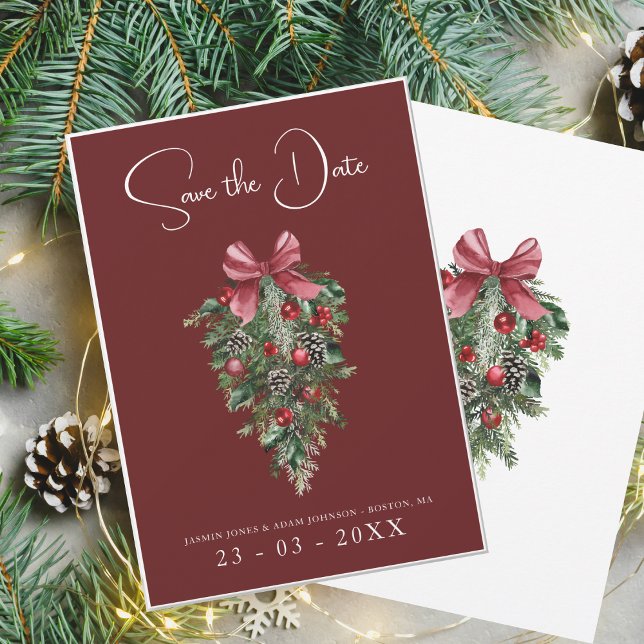 Festive Burgundy Green Winter Christmas Wedding Save The Date (Creator Uploaded)