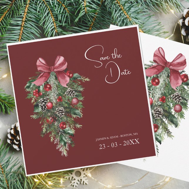 Festive Burgundy Green Winter Christmas Wedding Save The Date (Creator Uploaded)