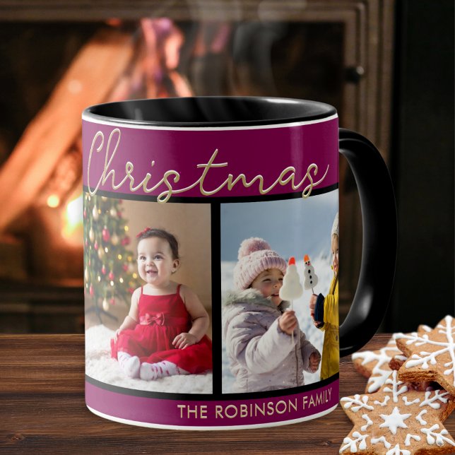 Festive Burgundy Merry Christmas 3 Photos Collage Mug (An elegant mug with Merry Christmas greeting, to customize with 3 favorite photos and your name(s))
