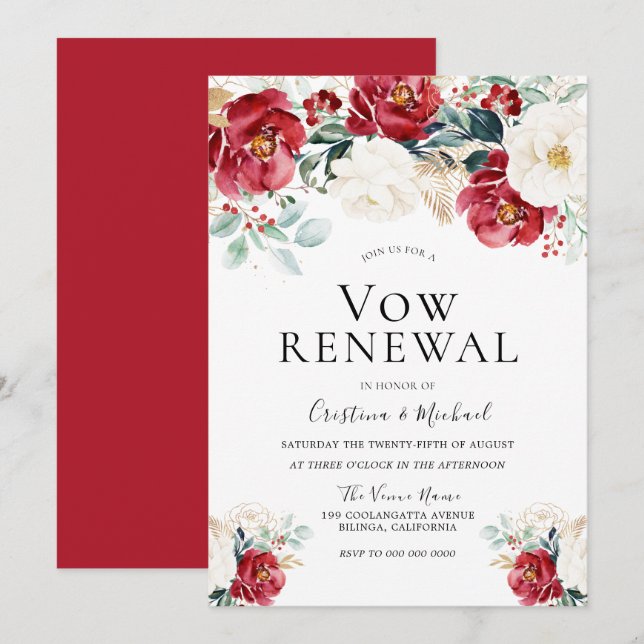Festive Burgundy Red White Marriage Vow Renewal Invitation (Front/Back)