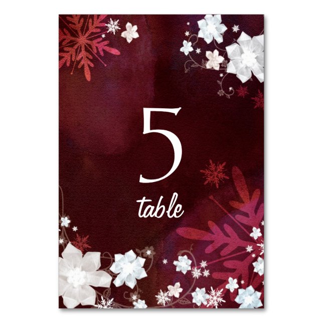 Festive Burgundy Winter Wedding Table Numbers (Front)