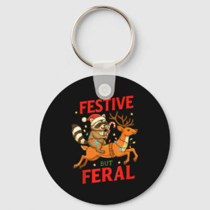 Festive But Feral Funny Christmas Raccoon Riding R Key Ring