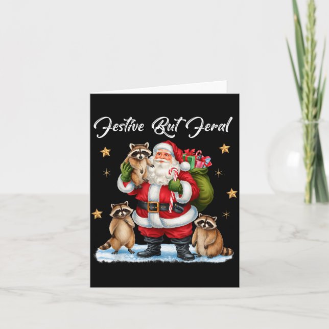 Festive But Feral Santa Raccoon Christmas Pajamas  Card (Front)
