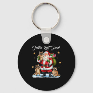 Festive But Feral Santa Raccoon Christmas Pajamas Key Ring