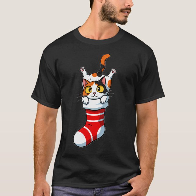 Festive Calico Kitty Peeking from Stocking T-Shirt (Front)