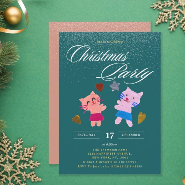 Festive calligraphy cats green Christmas party Invitation (Creator Uploaded)