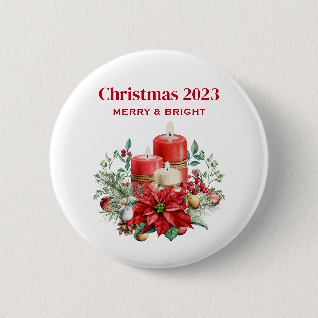 Festive Candles and Poinsettia Bouquet Christmas 6 Cm Round Badge (Front)