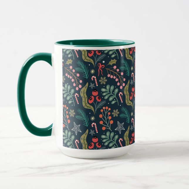 Festive Candy Cane and Holly Pattern Mug (Left)