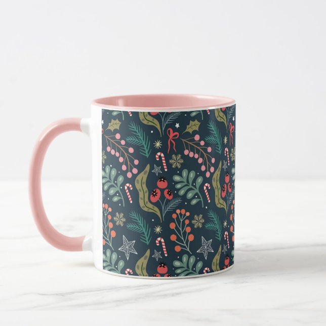 Festive Candy Cane and Holly Pattern Mug (Left)
