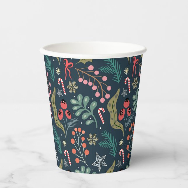 Festive Candy Cane and Holly Pattern Paper Cups (Front)