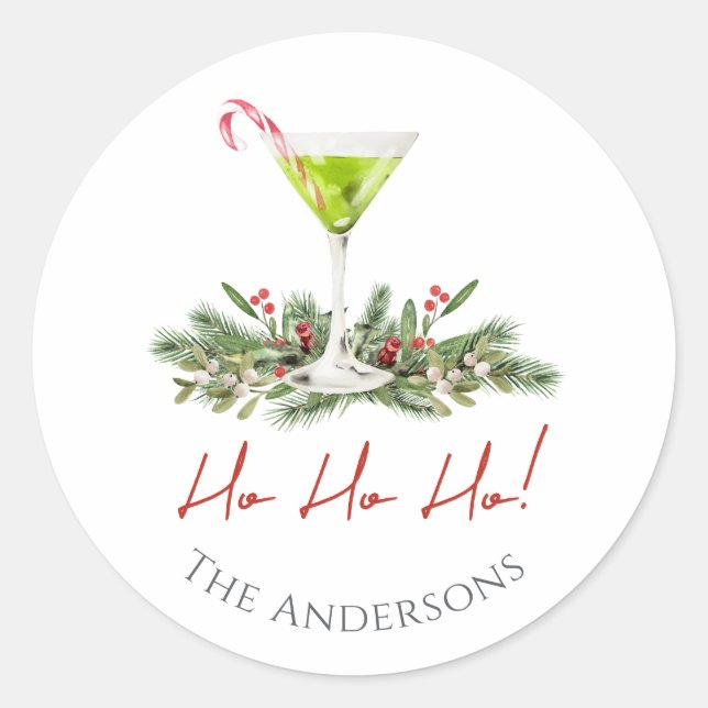 Festive Candy Cane Cocktail Martini and Mistletoe  Classic Round Sticker (Front)