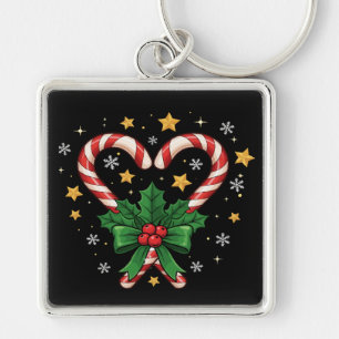 Festive Candy Cane Heart with Holly & Stars Key Ring