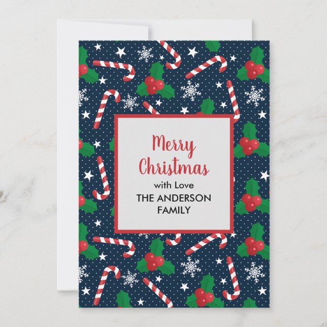 Festive Candy Cane & Holly Berry Christmas Holiday Card (Front)