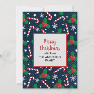 Festive Candy Cane & Holly Berry Christmas Holiday Card